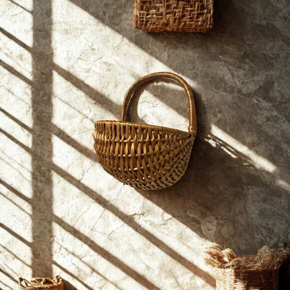 Vintage Woven Hanging Wall Basket – Boho Cottagecore Farmhouse Decor - Picture 3 of 9